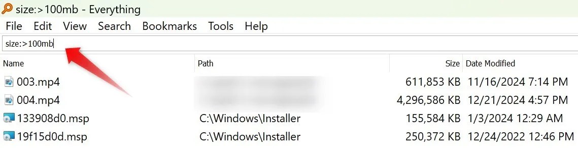 Searching for files with size greated than 100 MB.