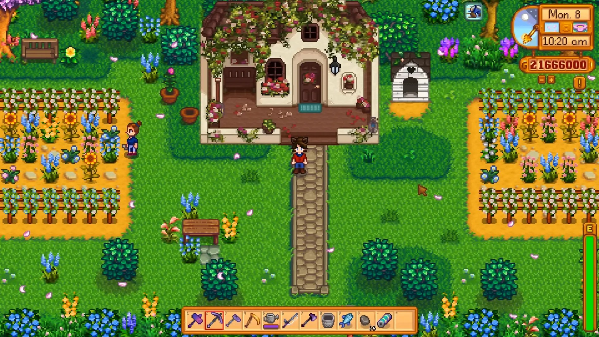 A player in front of an ivy-covered home with two beautiful flower gardens on either side.