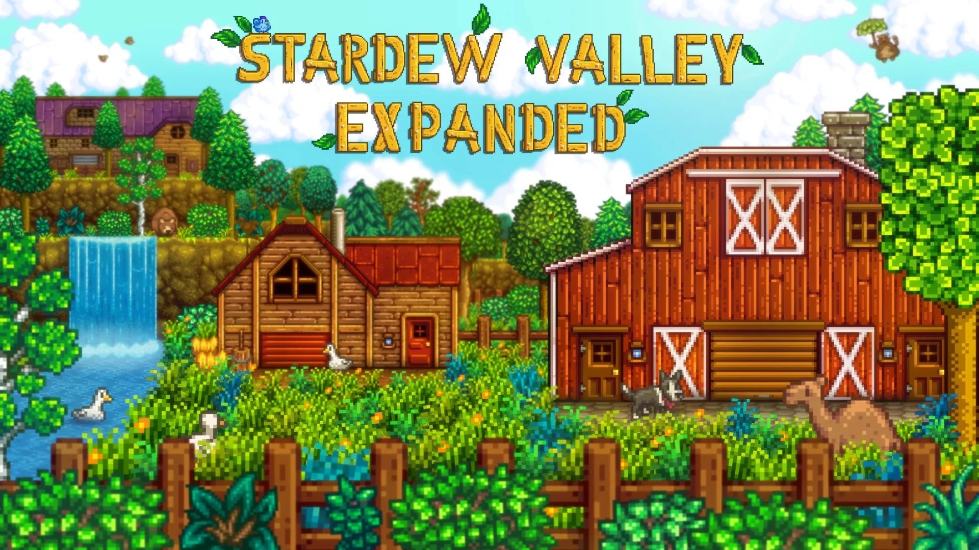 Stardew Valley Expanded key art featuring multiple barns, a dog, a camel, a bear and several geese.