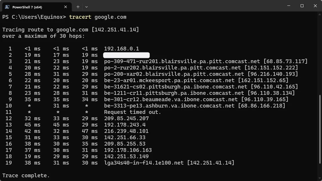 Tracert running on Windows 11.