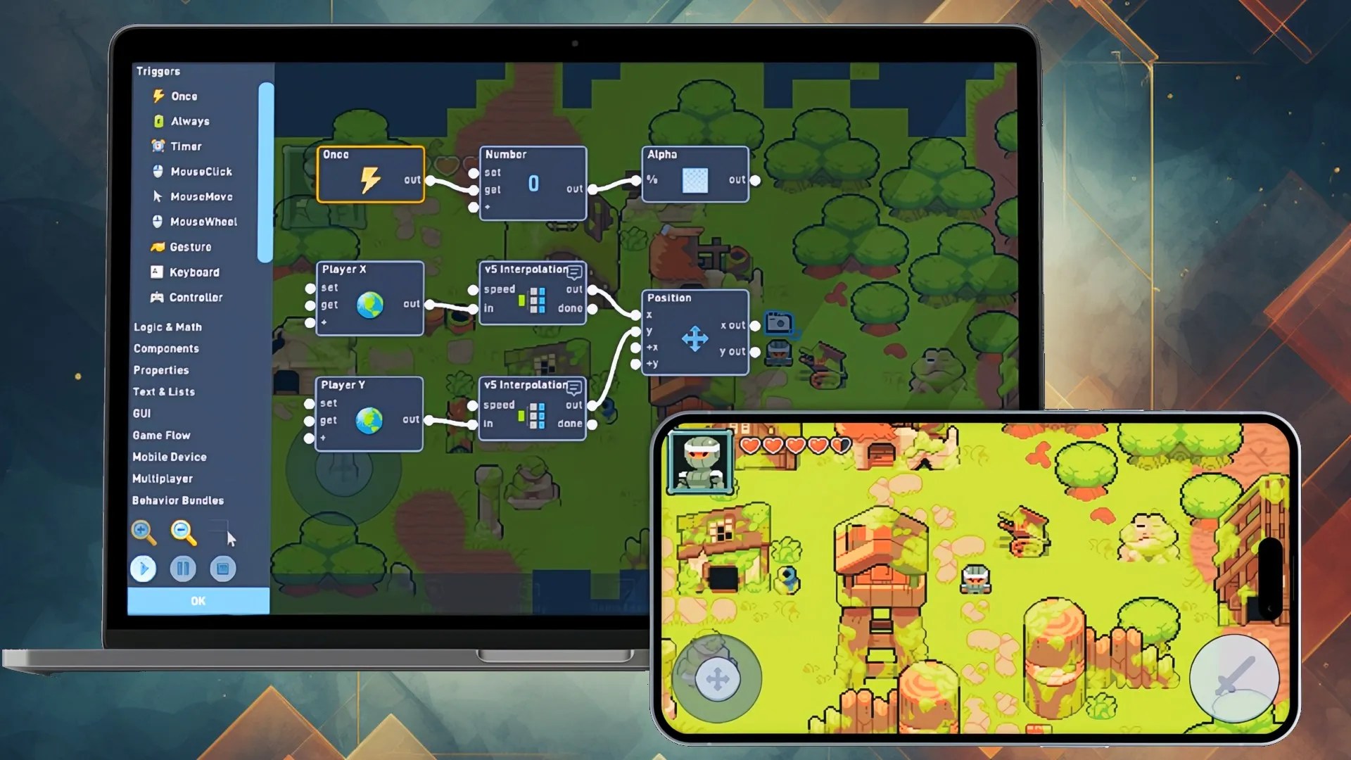 A game being worked on with forests and a person walking around on a computer and phone in Flowlab.