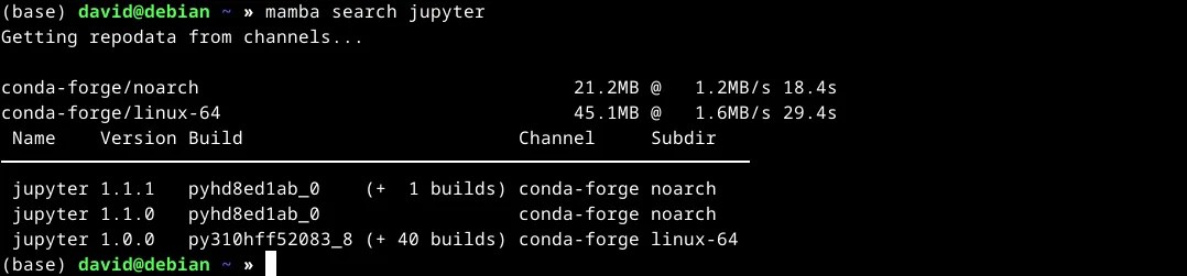 Output of &ldquo;mamba search jupyter&rdquo; in the shell.