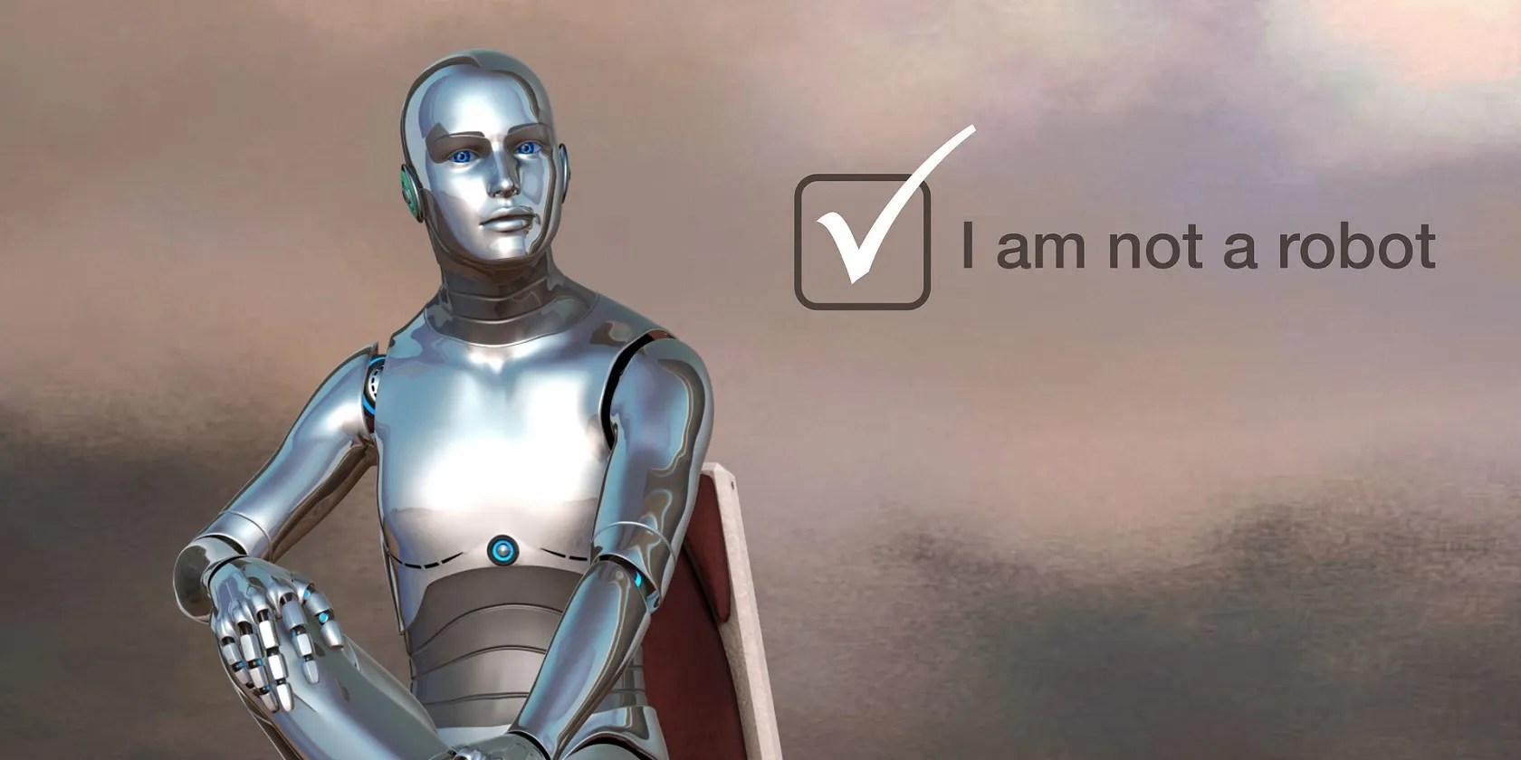 Image of a robot sitting on a chair with the I am not a robot logo.