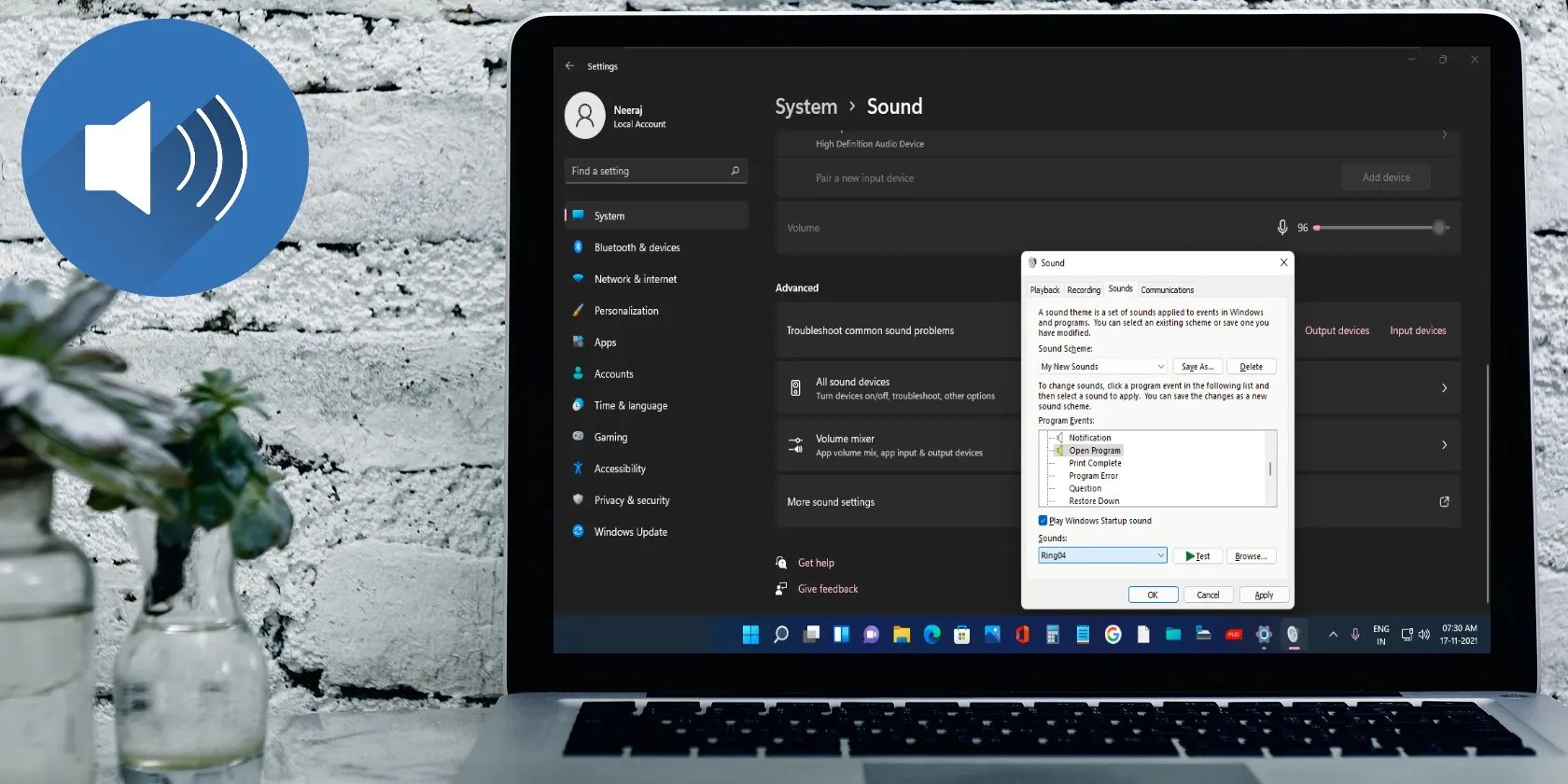 Laptop with Windows 11 Sound Settings Screen