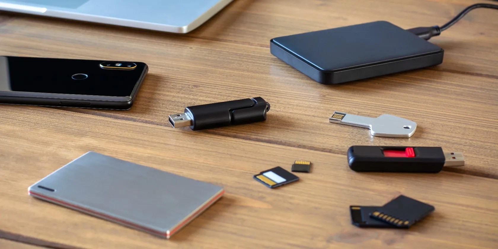 Various digital data storage devices. Usb sticks, external hard drive, SD cards, mini and micro SD cards, laptop and smartphone