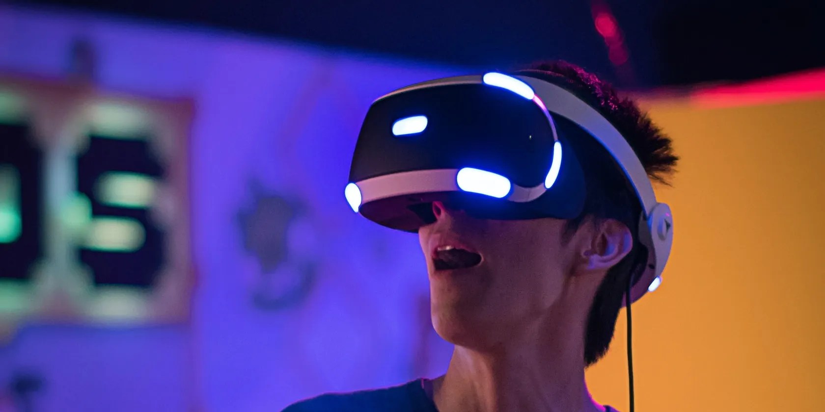 A person wearing a VR console headset
