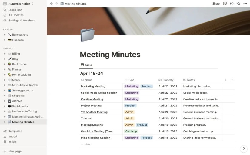 Screenshot of a table created in project management software