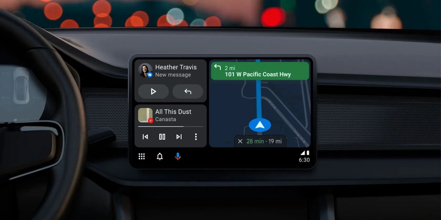 Android Auto with navigation, text and audio tab in the background