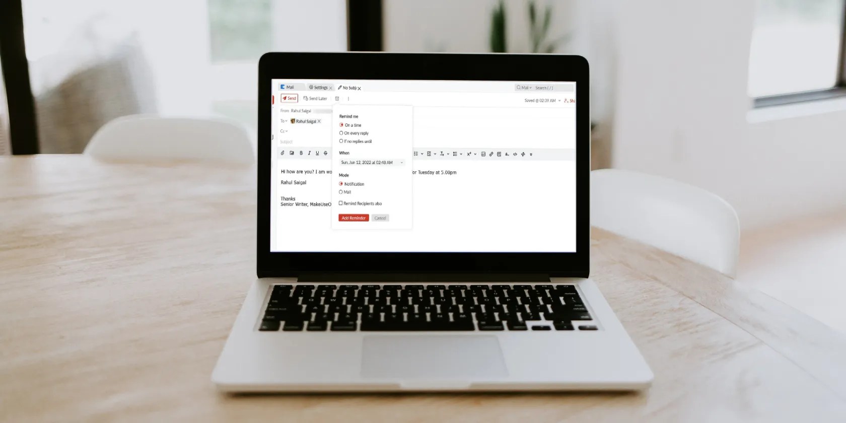 Configuration in Zoho Mail on a laptop