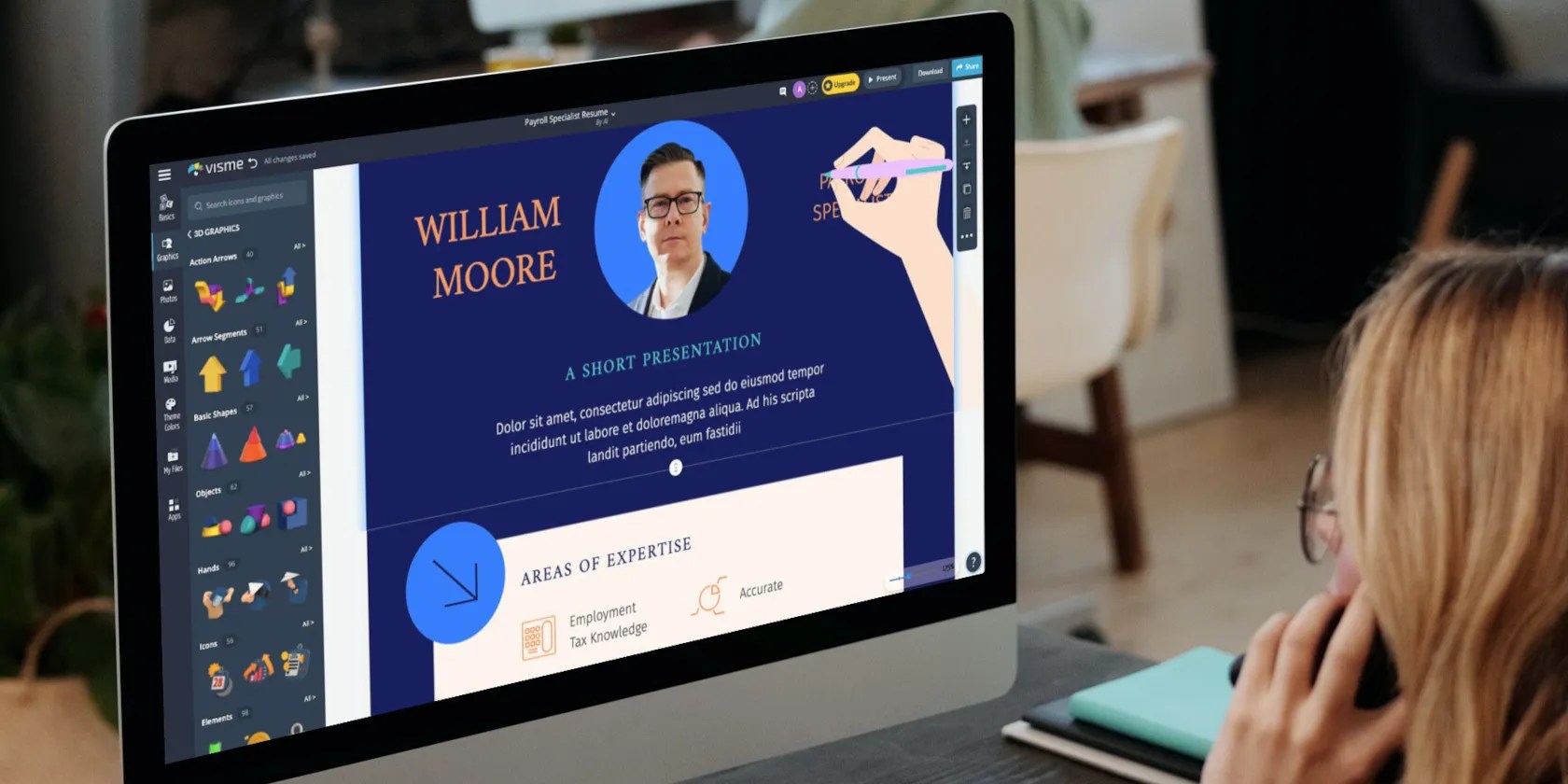 Visme Resume Editor Tool MockUp Showing a Woman Editing a Resume on an iMac using the Visme Resume Editor