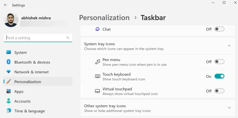 Enable the touch keyboard on Windows 11