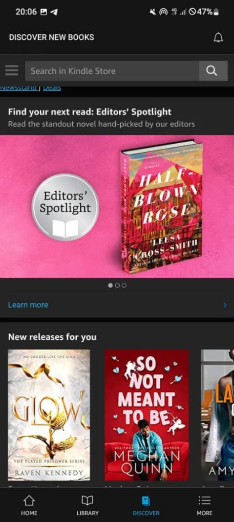 Screenshot showing Kindle’s discover page