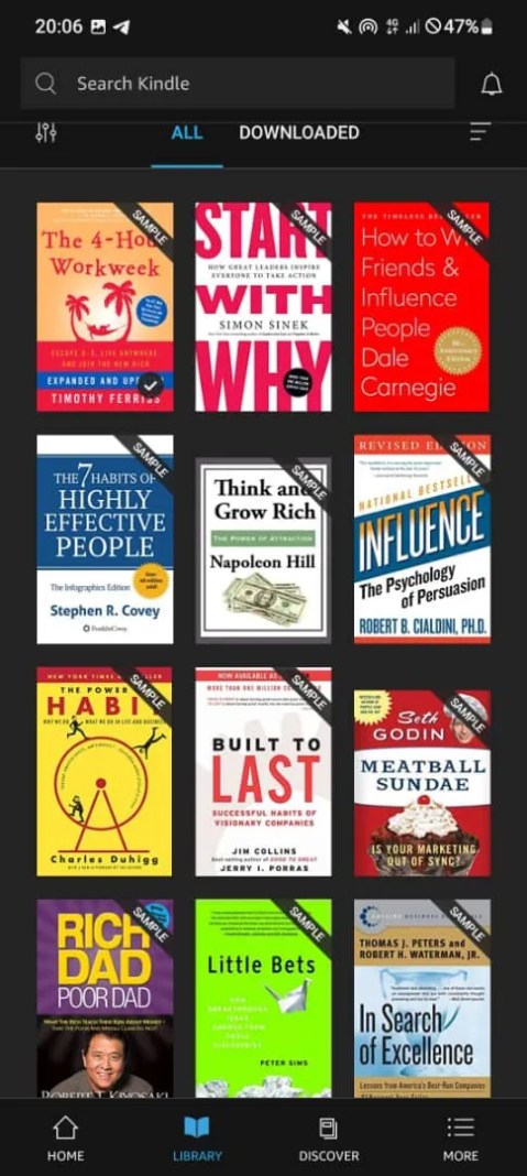 Screenshot showing Kindle’s library