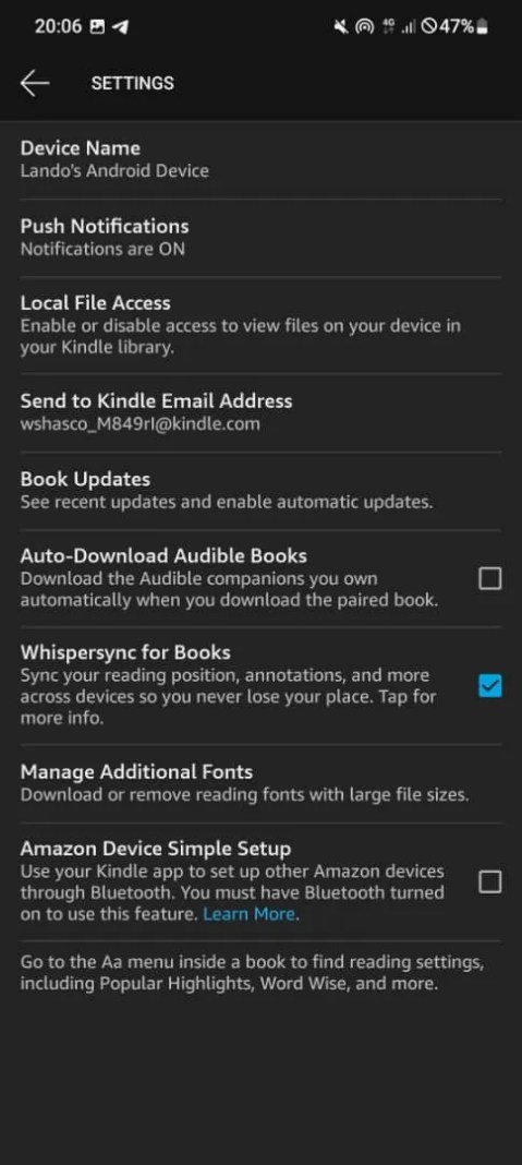 Screenshot showing Kindle’s settings