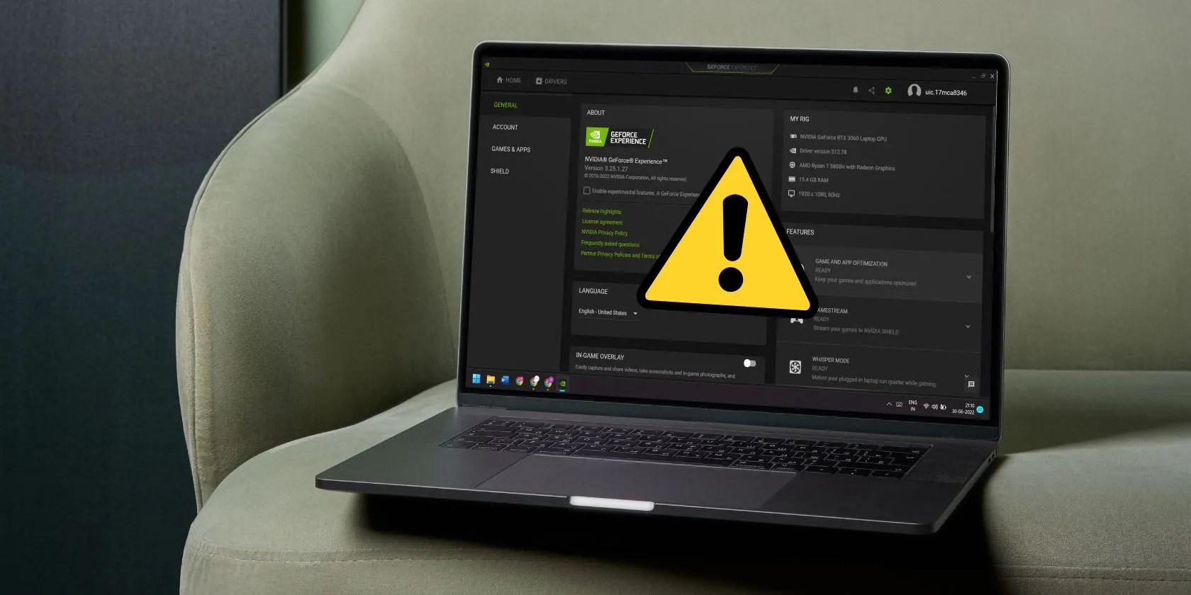 Nvidia GeForce experience app on a Windows 11 laptop