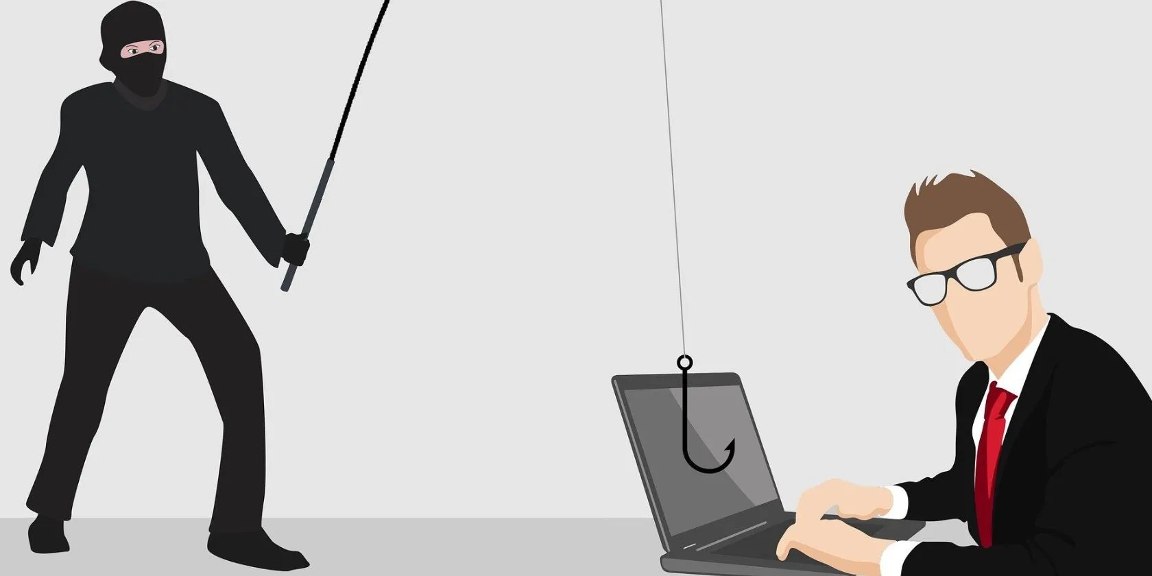 person using phishing hook on man using laptop