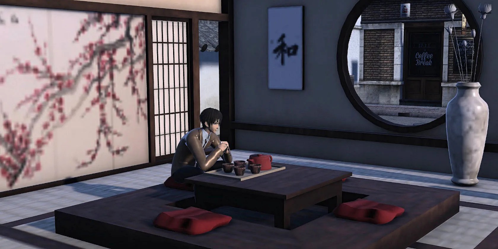 3D model of boy sitting at table in Japanese tearoom