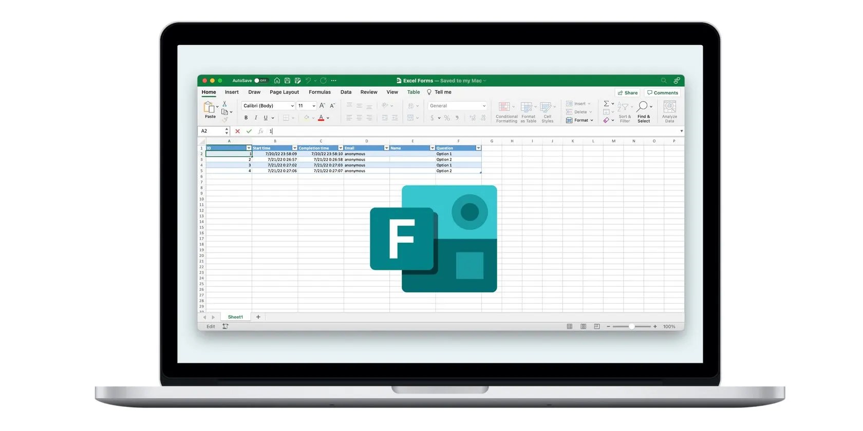 Microsoft Forms logo inside an Excel spreadsheet on a MacBook