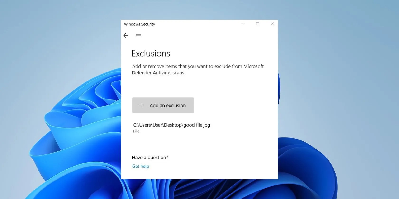 Windows computer displaying Windows Security&rsquo;s Add an exclusion button