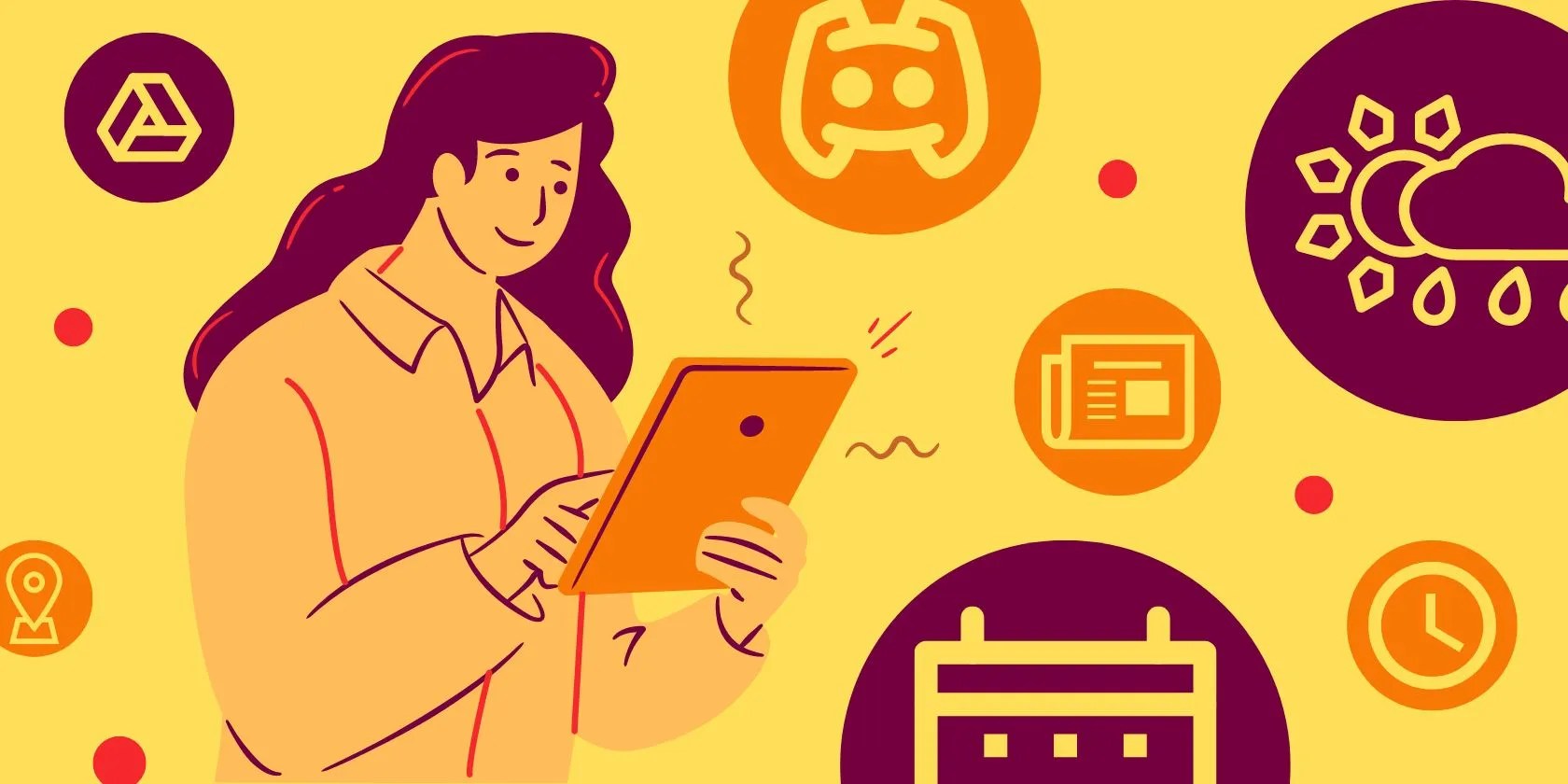 Cartoon woman on a tablet with widget options in bubbles