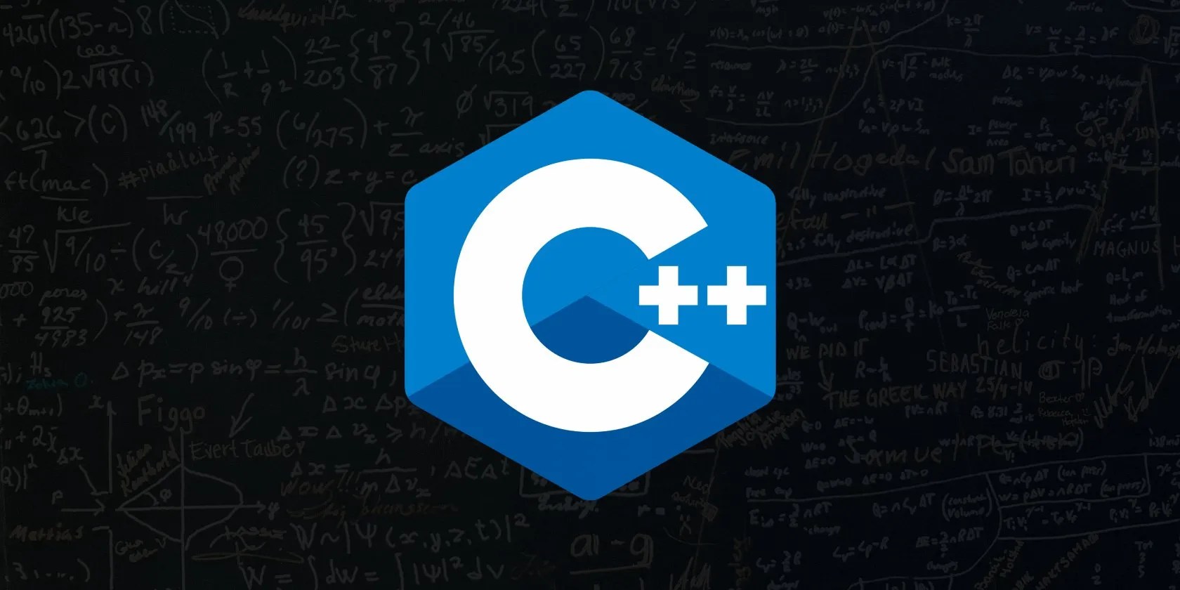 C++ logo on a dark background of math symbols