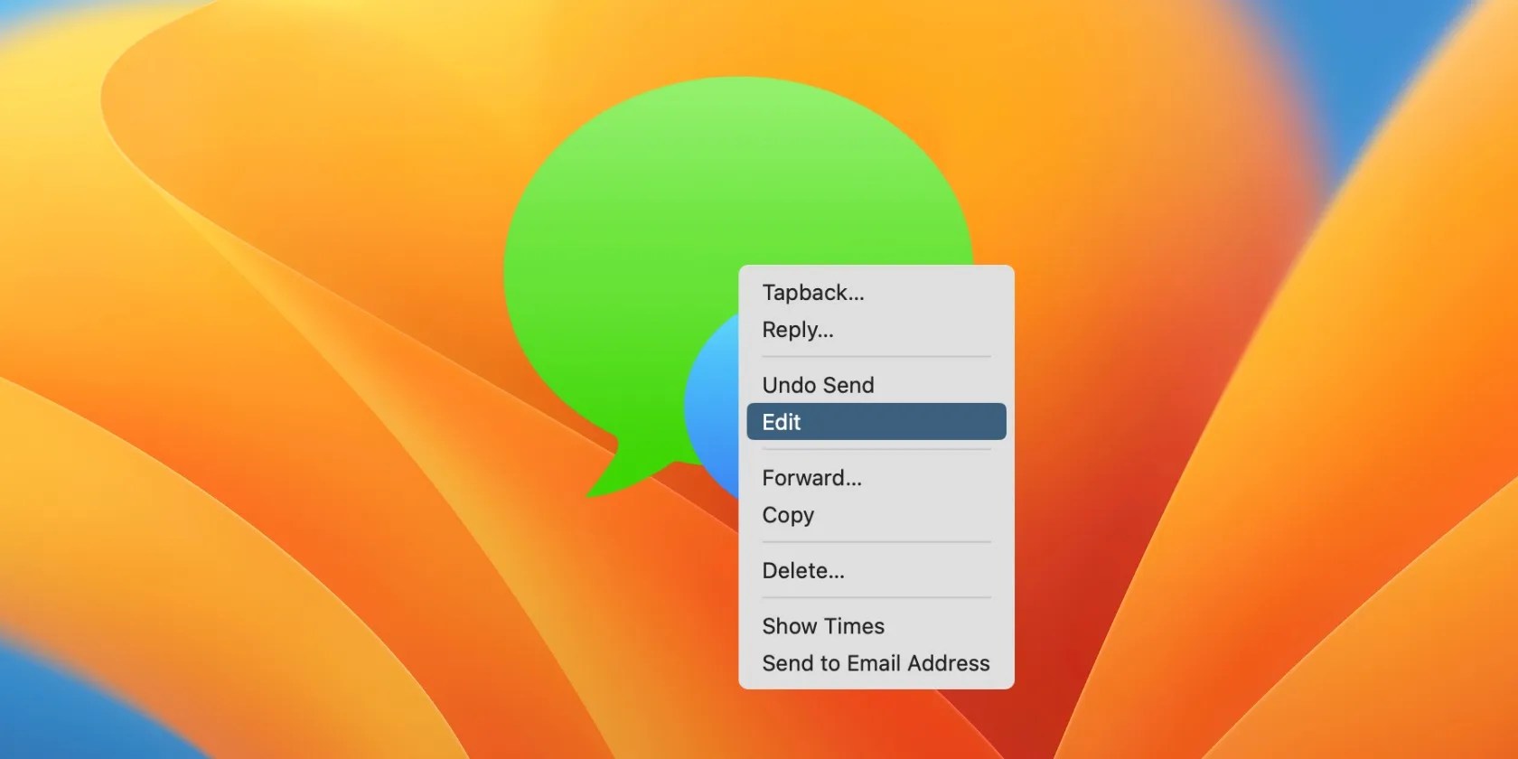 Messages contextual menu on macOS Ventura background.