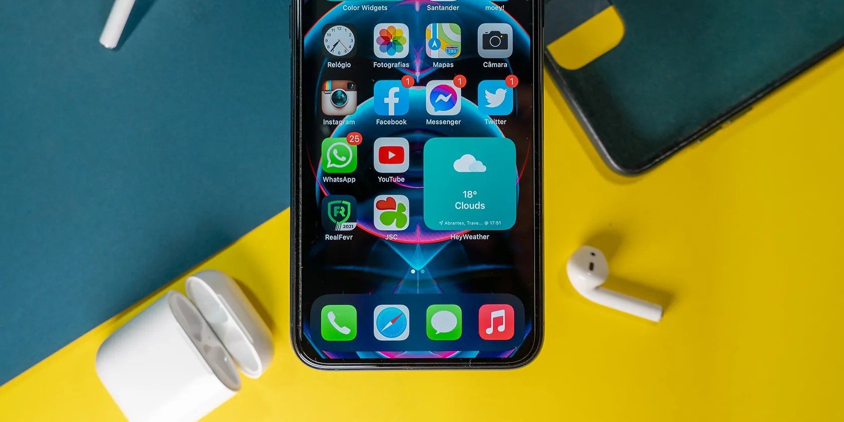 iPhone on a colorful background.