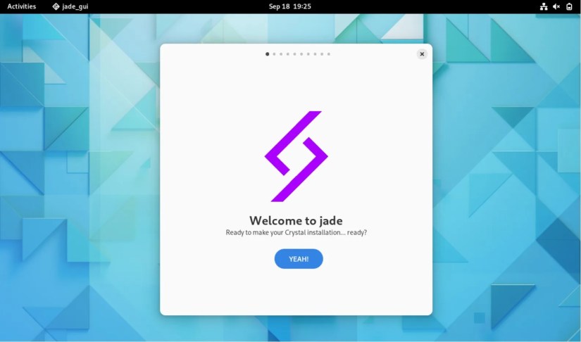 jade GUI installer interface on Crystal Linux with a blue desktop background