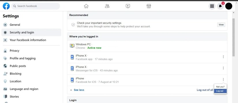 Logging Out of a Session Active on Unknown Device by Clicking on Log Out Button in Facebook Settings