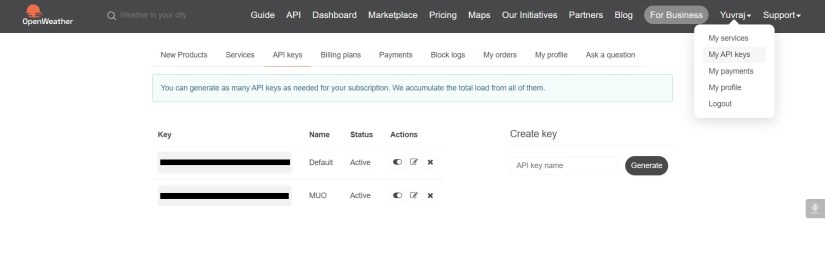 OpenWeatherMap My API keys website screenshot