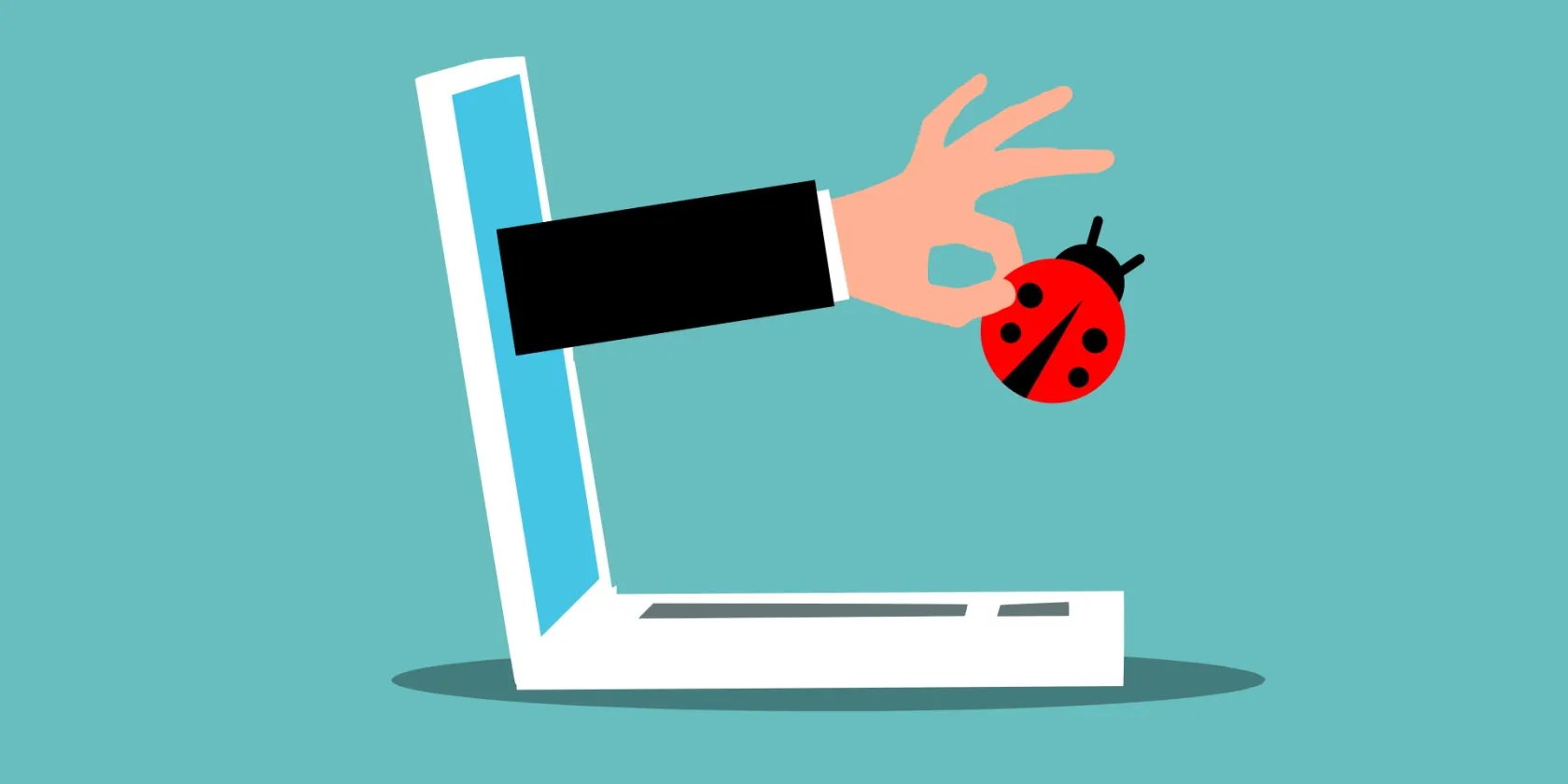 Cartoon hand coming out of a laptop screen catching a ladybug