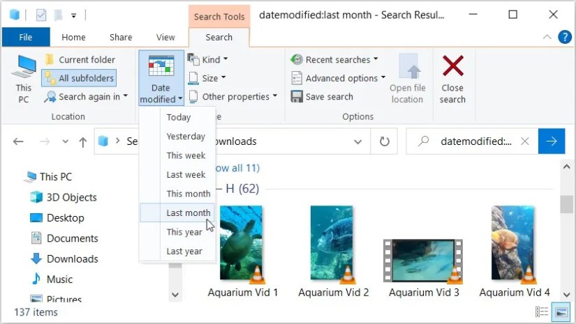 Selecting an option from the “Date modified” drop-down menu