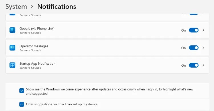 The Startup App Notification in settings