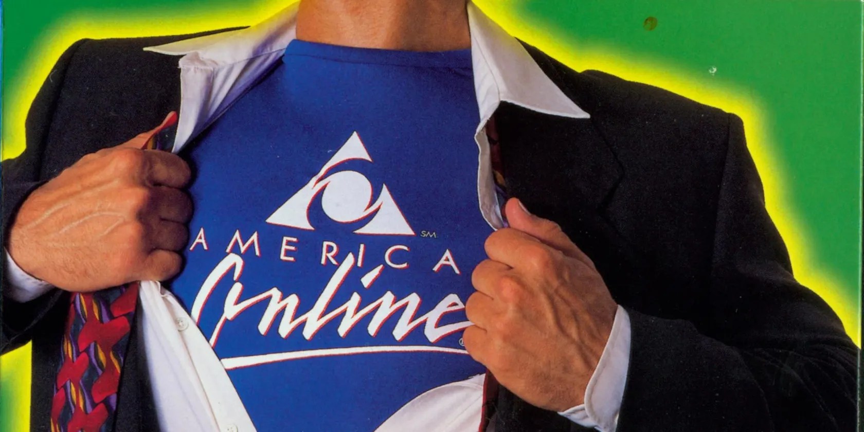 section from front of aol mailer with a superman type figure showing America Onine under his shirt