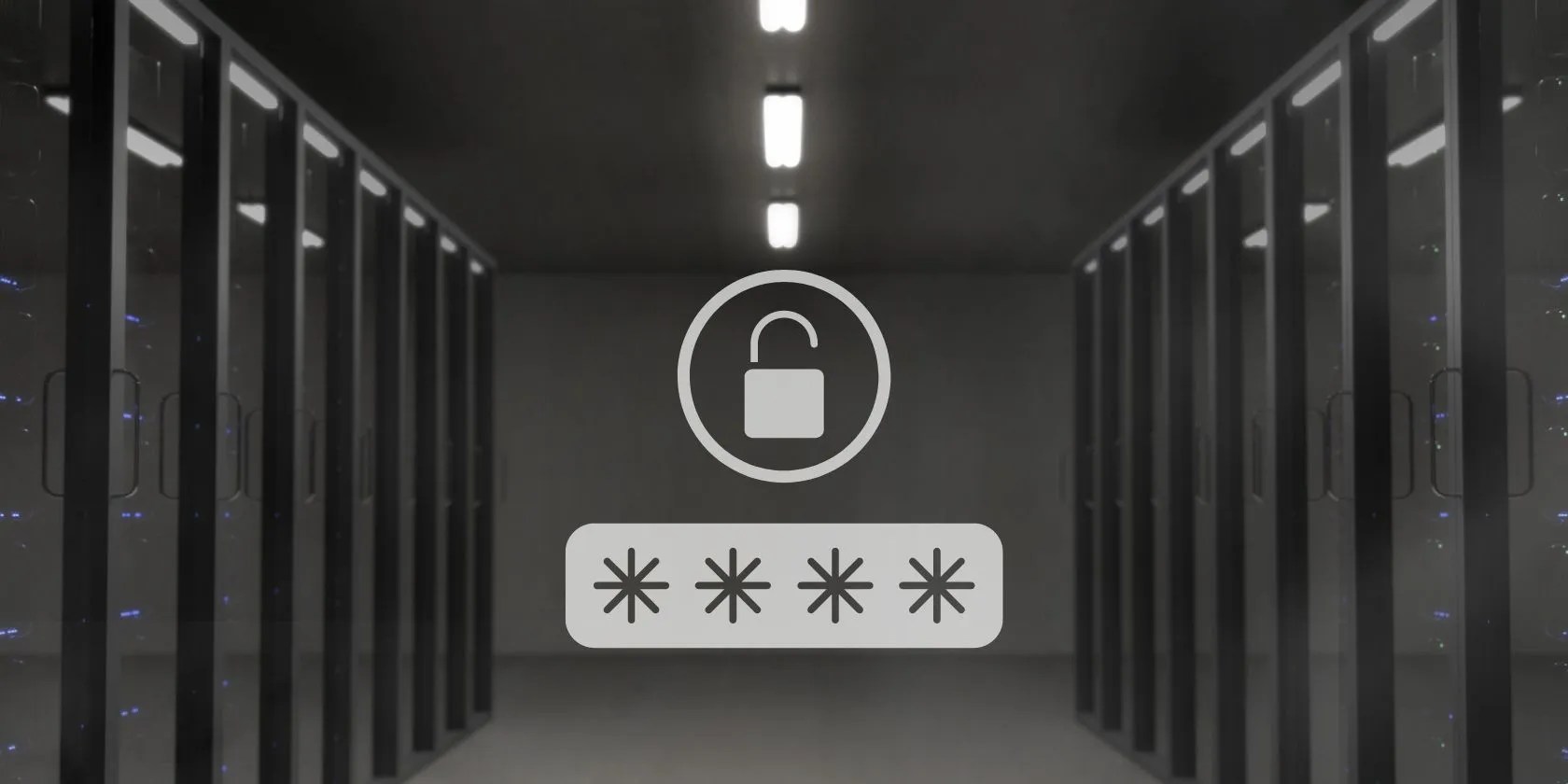 Lock and asterisks seen over a photo of a server room