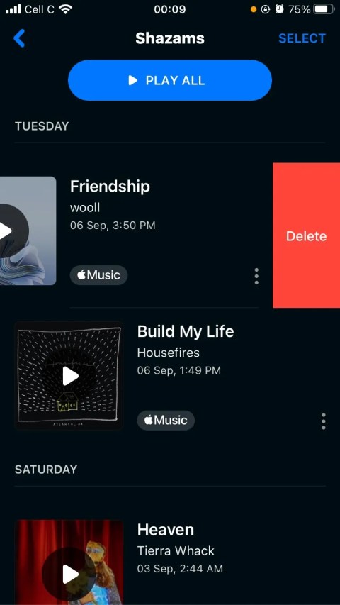 friendship song with delete button beside it on shazam
