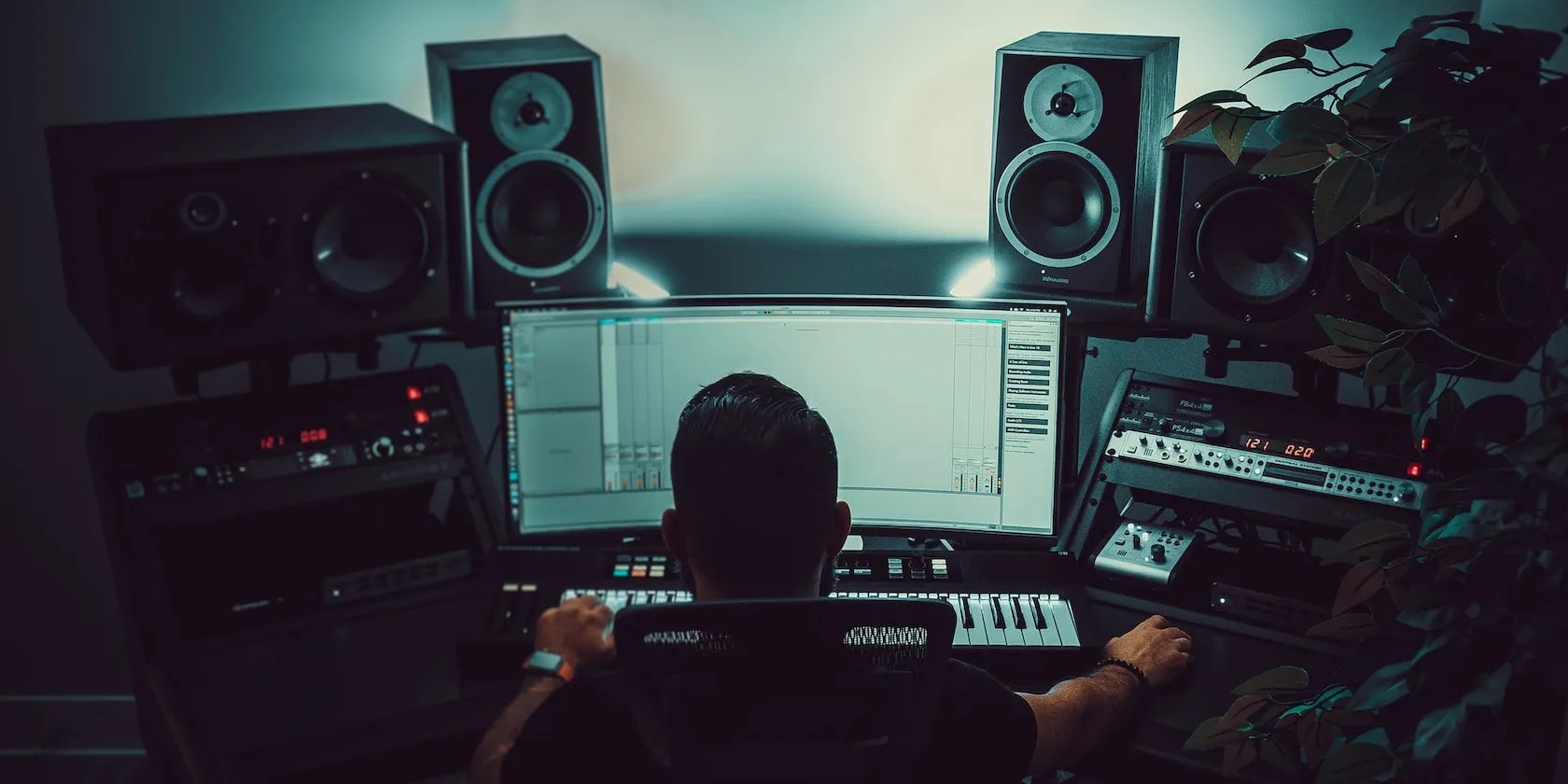 a sound producer working with several different speakers to create music