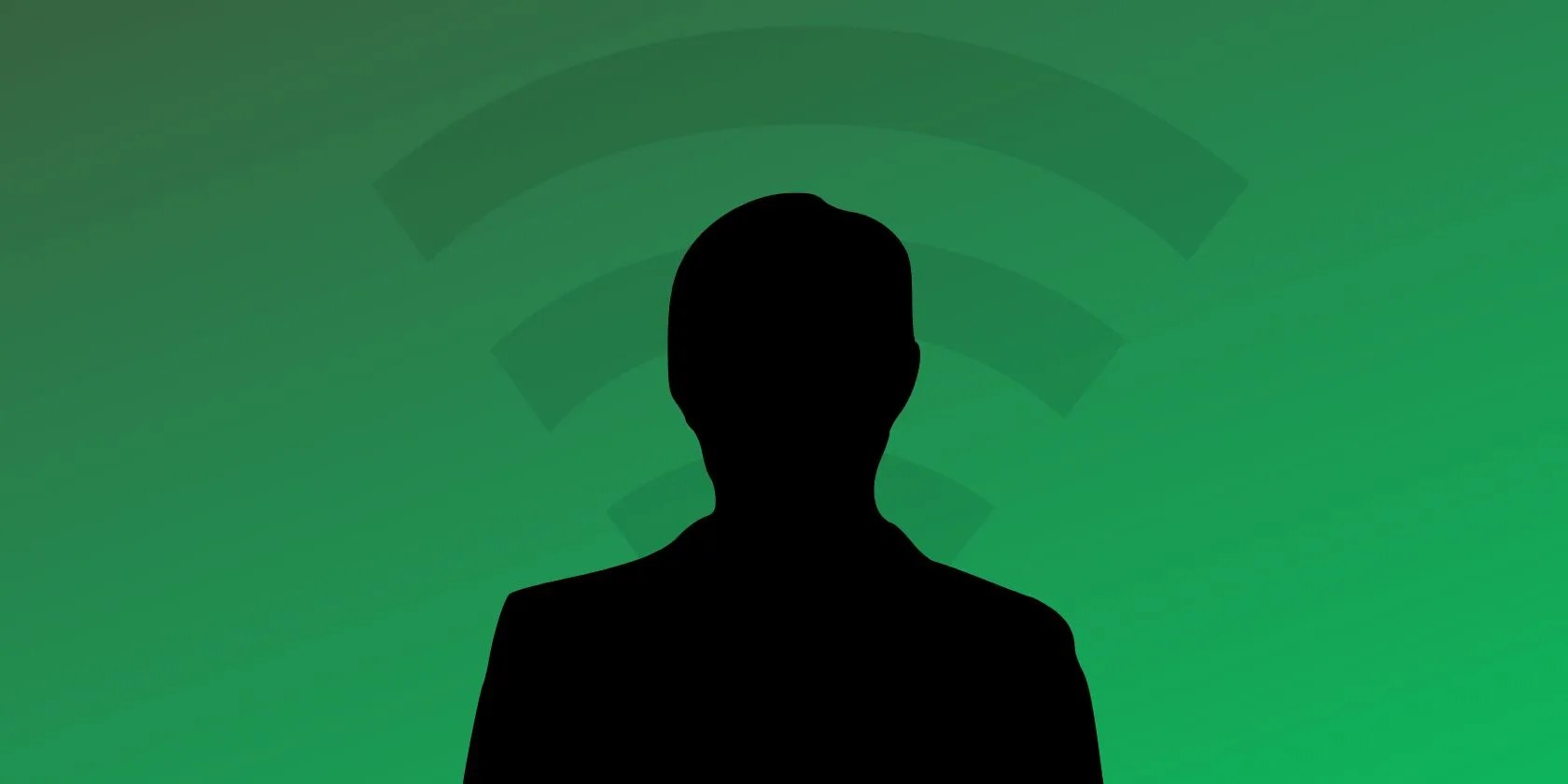 Silhouette of a man with faded Wi-Fi symbol is seen on green background