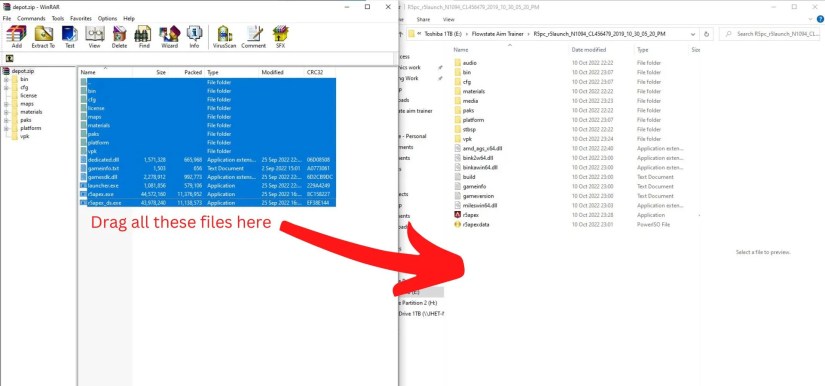 7 depot.zip file opened and the files to be transferred highlighted