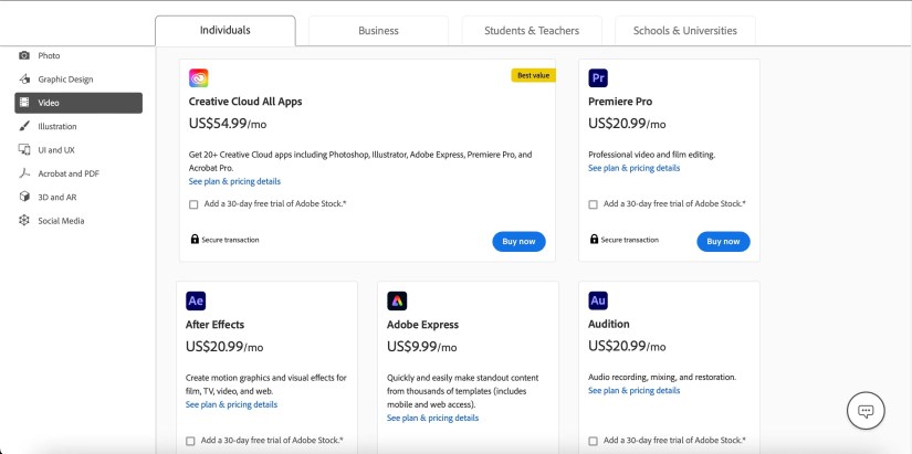 Screenshot showing subscription pricing for Adobe Creative Cloud