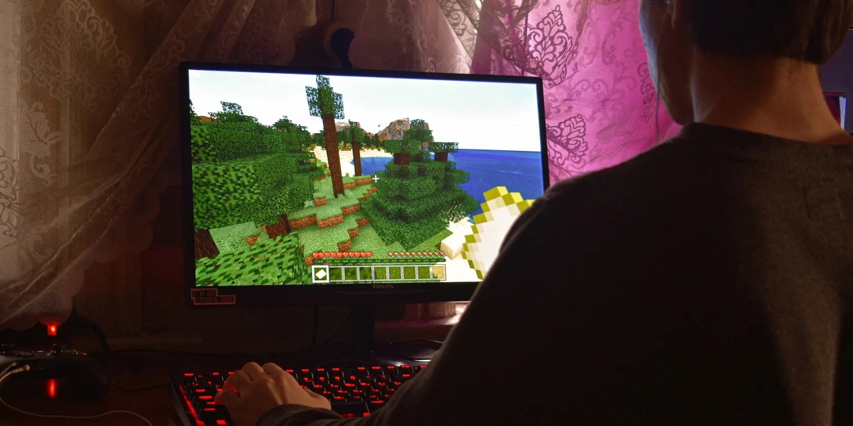 man playing Minecraft on his computer