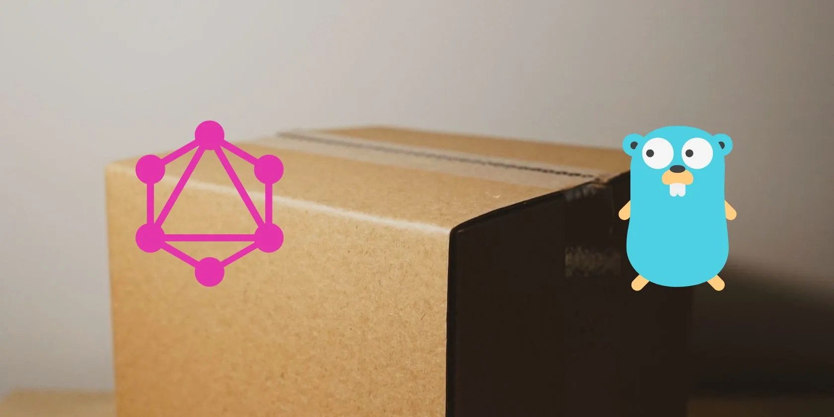 The Go logo — a gopher — and the GraphQL logo — a hexagon containing a triangle — in front of a cardboard box-2