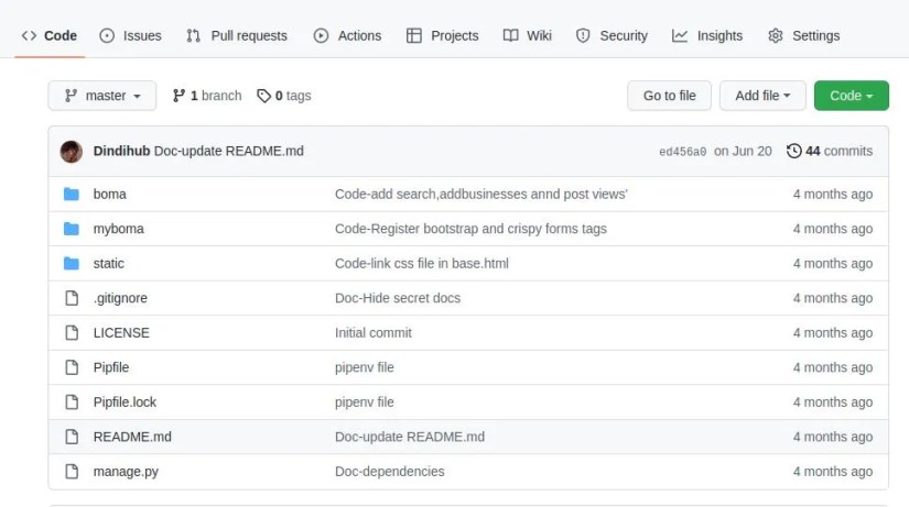Image shows the Django project to be cloned on GitHub