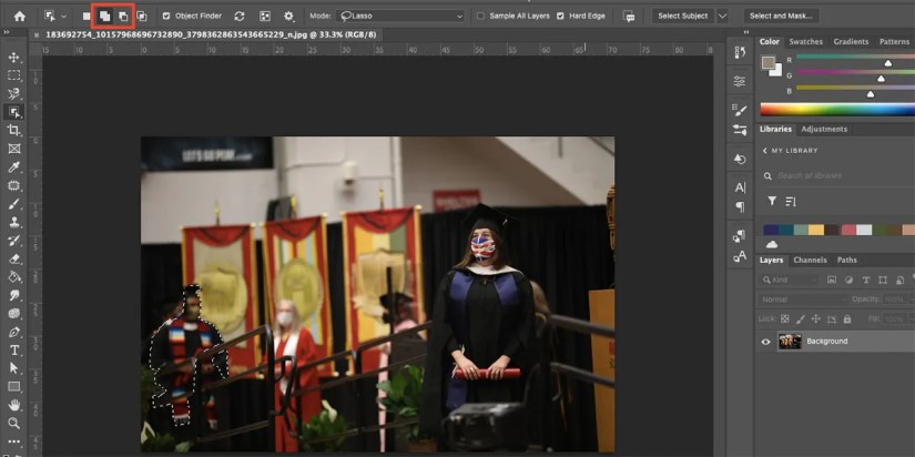 Photoshop Object Selection tool with edit selection buttons highlighted.