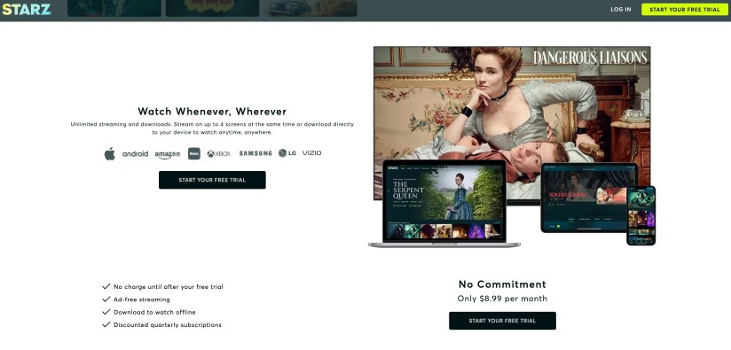 Starz Plan Cost Page with Start Free Trial Button