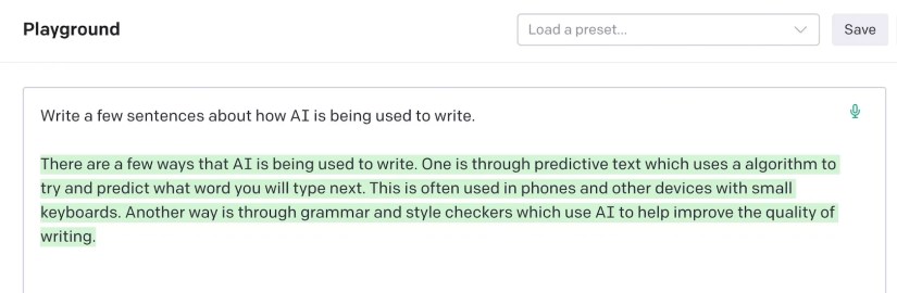 Screenshot of AI writing tool on OpenAI playground.