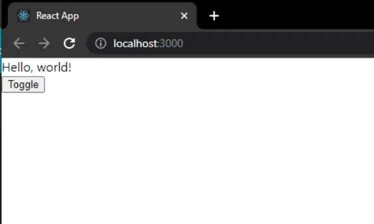 react app with hello world text and button on screen