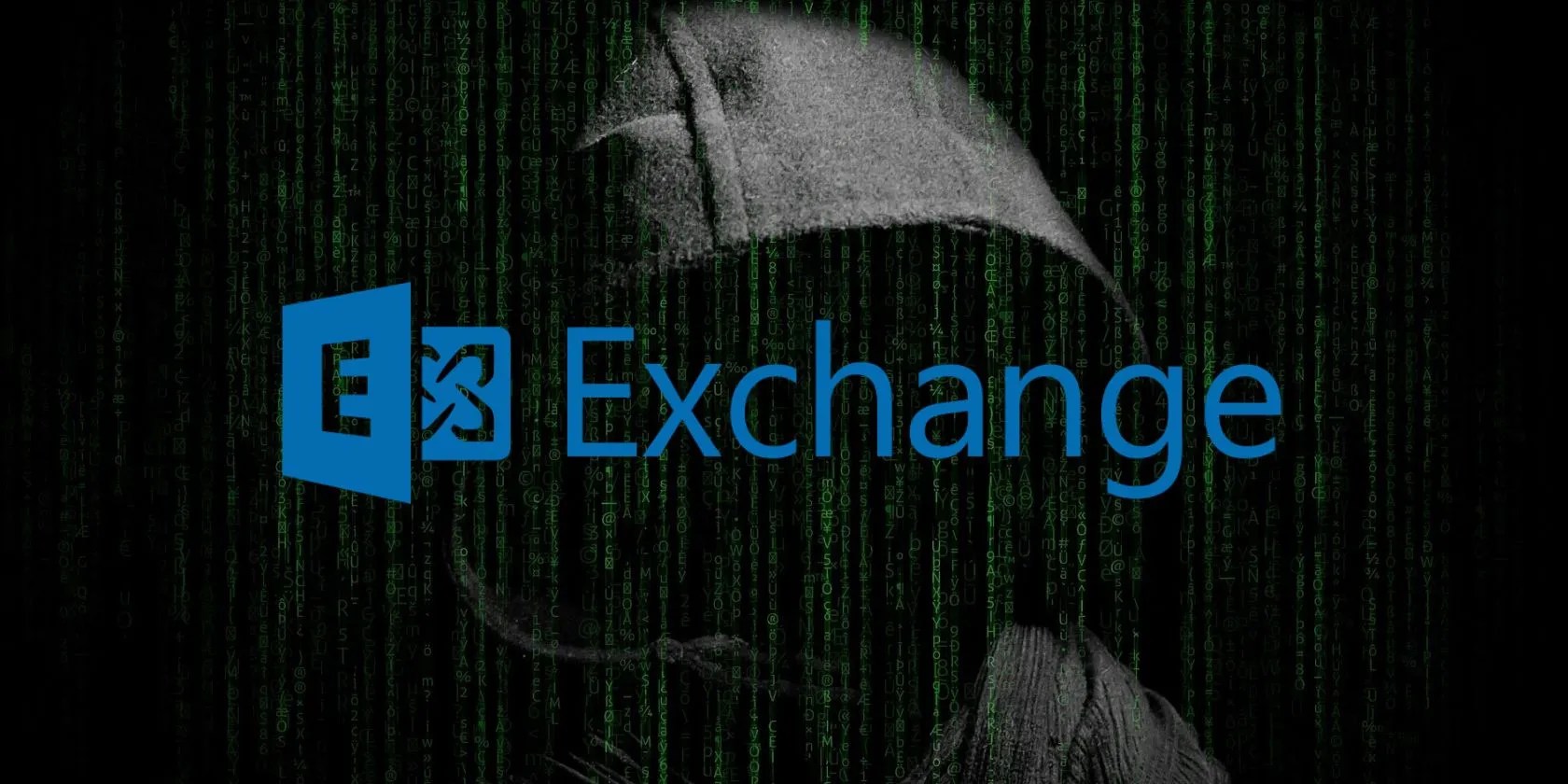 hooded person behind matrix symbols and microsoft exchange logo