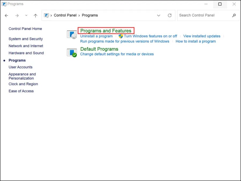 Choose Programs and Features in the Control Panel