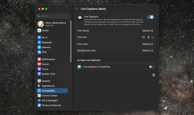 Live Captions preferences pane in System Settings.